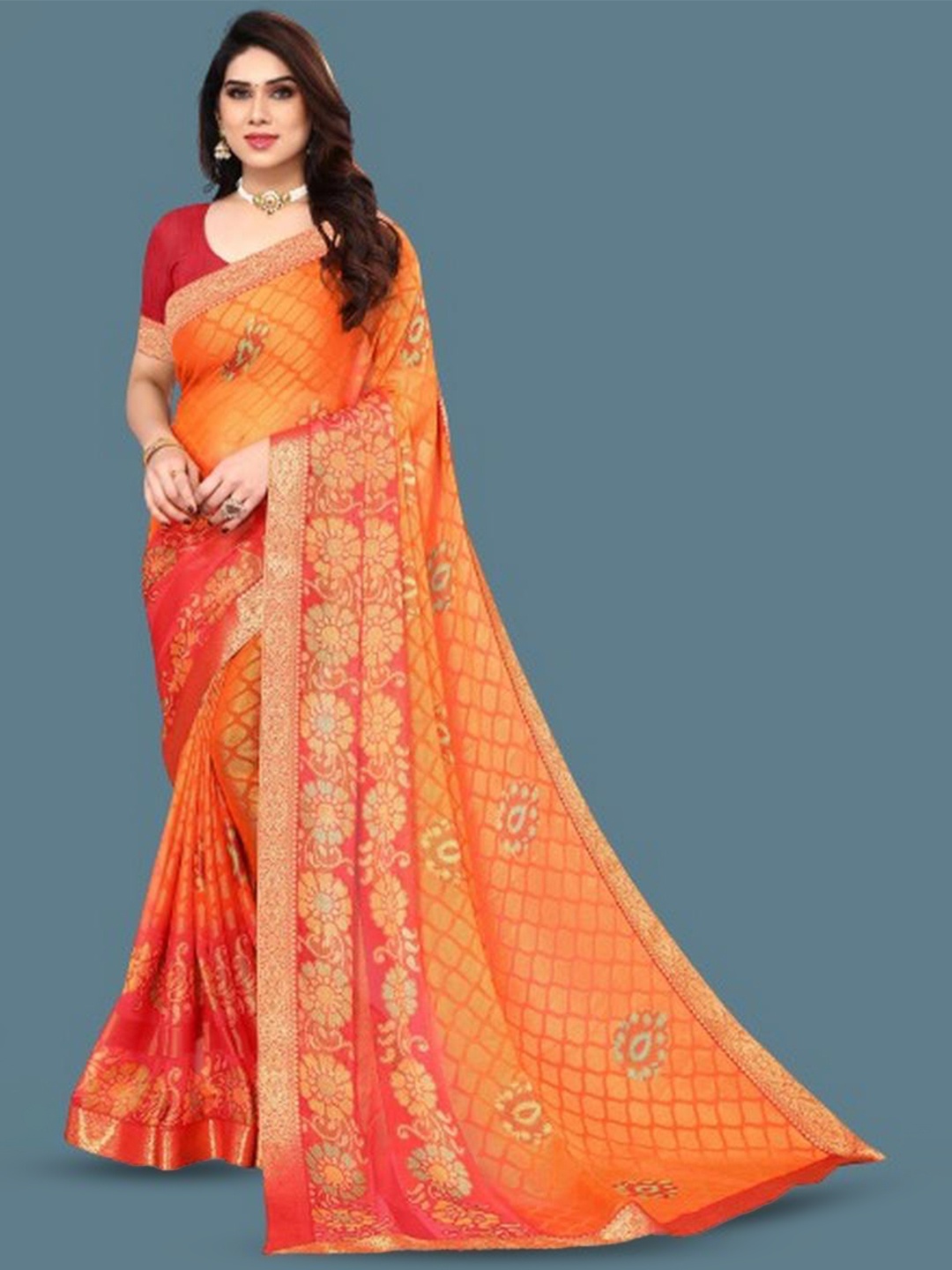 

EMV Ethnic Motifs Printed Chiffon Zari Saree, Orange