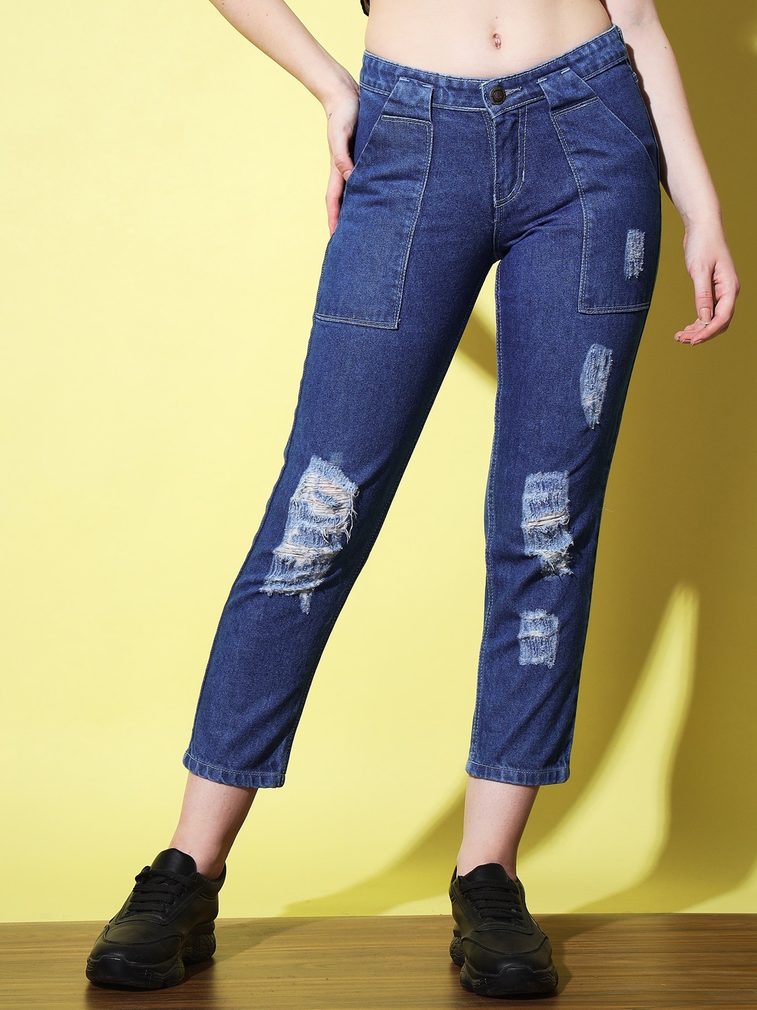 

The Dry State Women Blue Mom Fit Highly Distressed Cropped Jeans