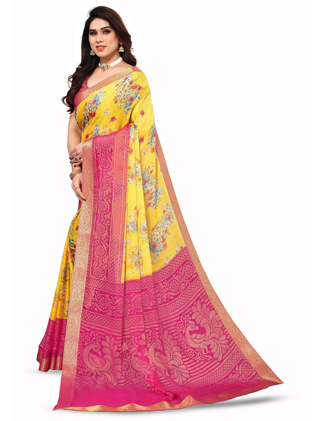 

TEEJH Floral Pure Cotton Murshidabad silk Saree, Pink