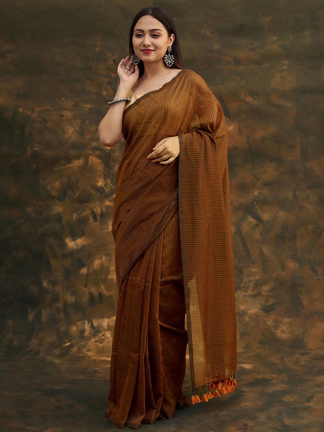 

TEEJH Woven Design Pure Cotton Murshidabad silk Saree, Brown