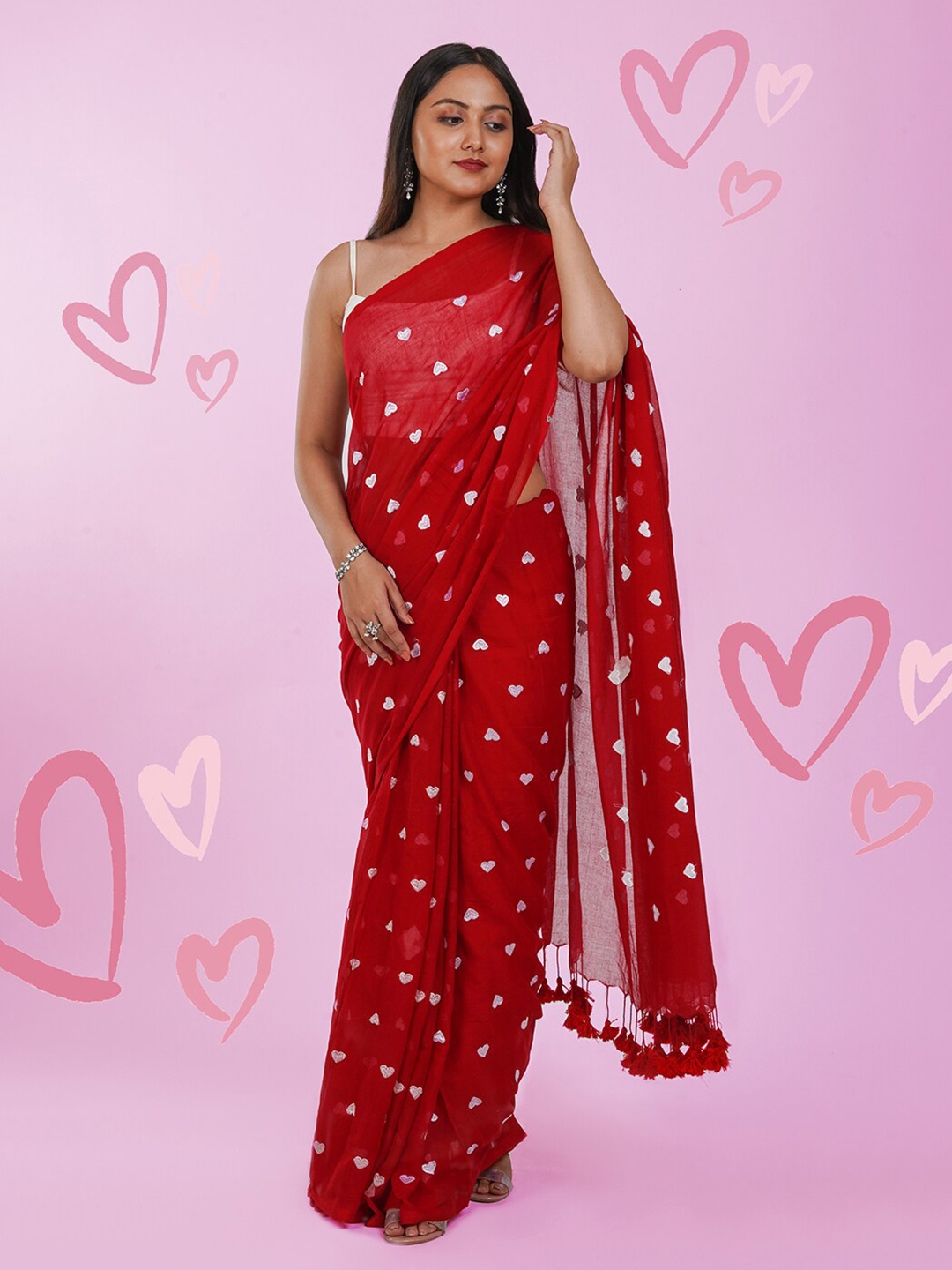 

TEEJH Embroidered Pure Cotton Saree, Red