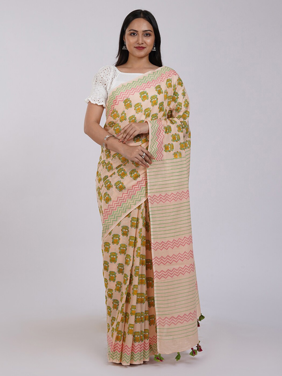 

TEEJH Pure Cotton Block Print Saree, Cream