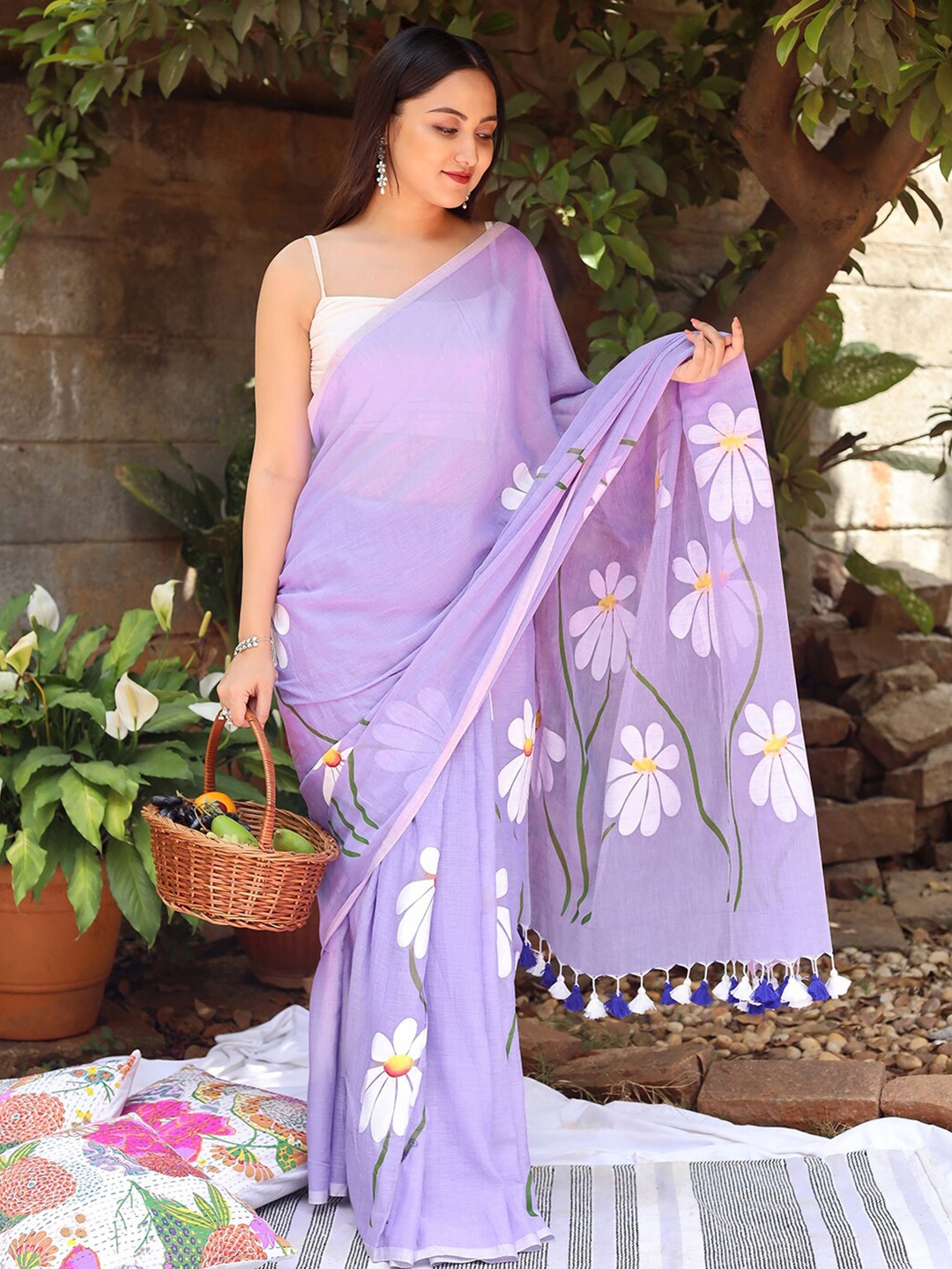 

TEEJH Floral Pure Cotton Murshidabad silk Saree, Purple