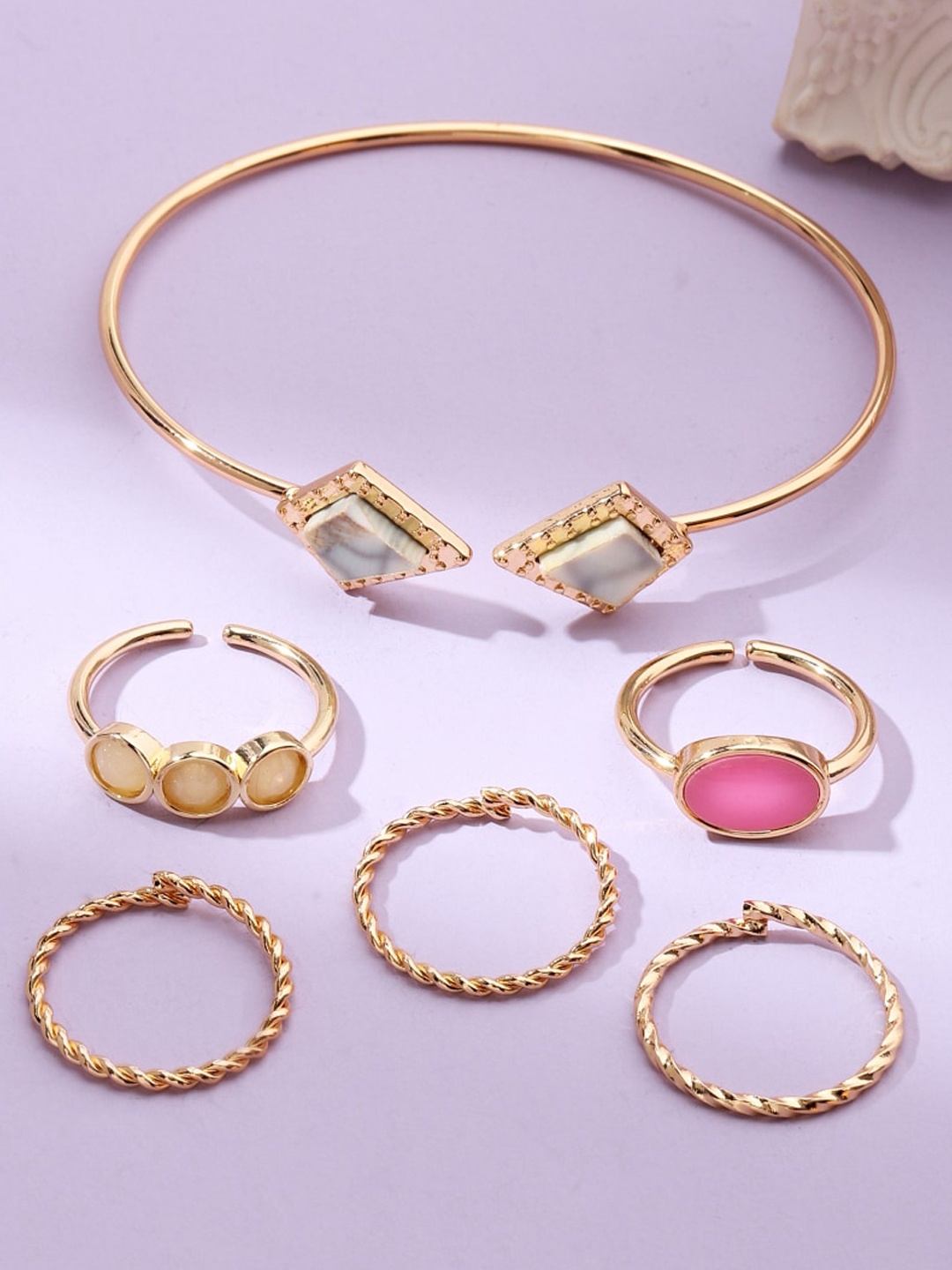 

SALTY Set of 5 Finger Ring And Bracelet Stone-Studded Jewellery Set, Gold