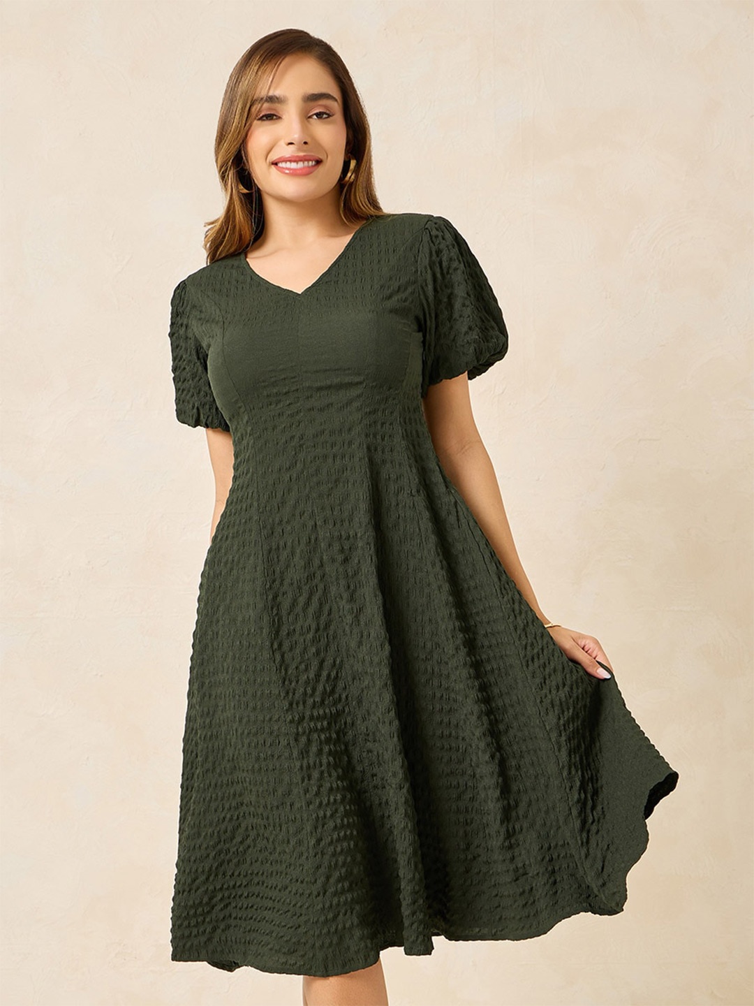 

Styli Olive Green Self Design V-Neck A-Line Midi Dress With Puff Sleeves