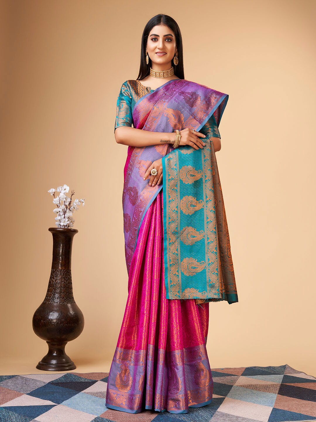 

MARGI DESIGNERS Woven Design Zari Pure Silk Banarasi Saree, Pink