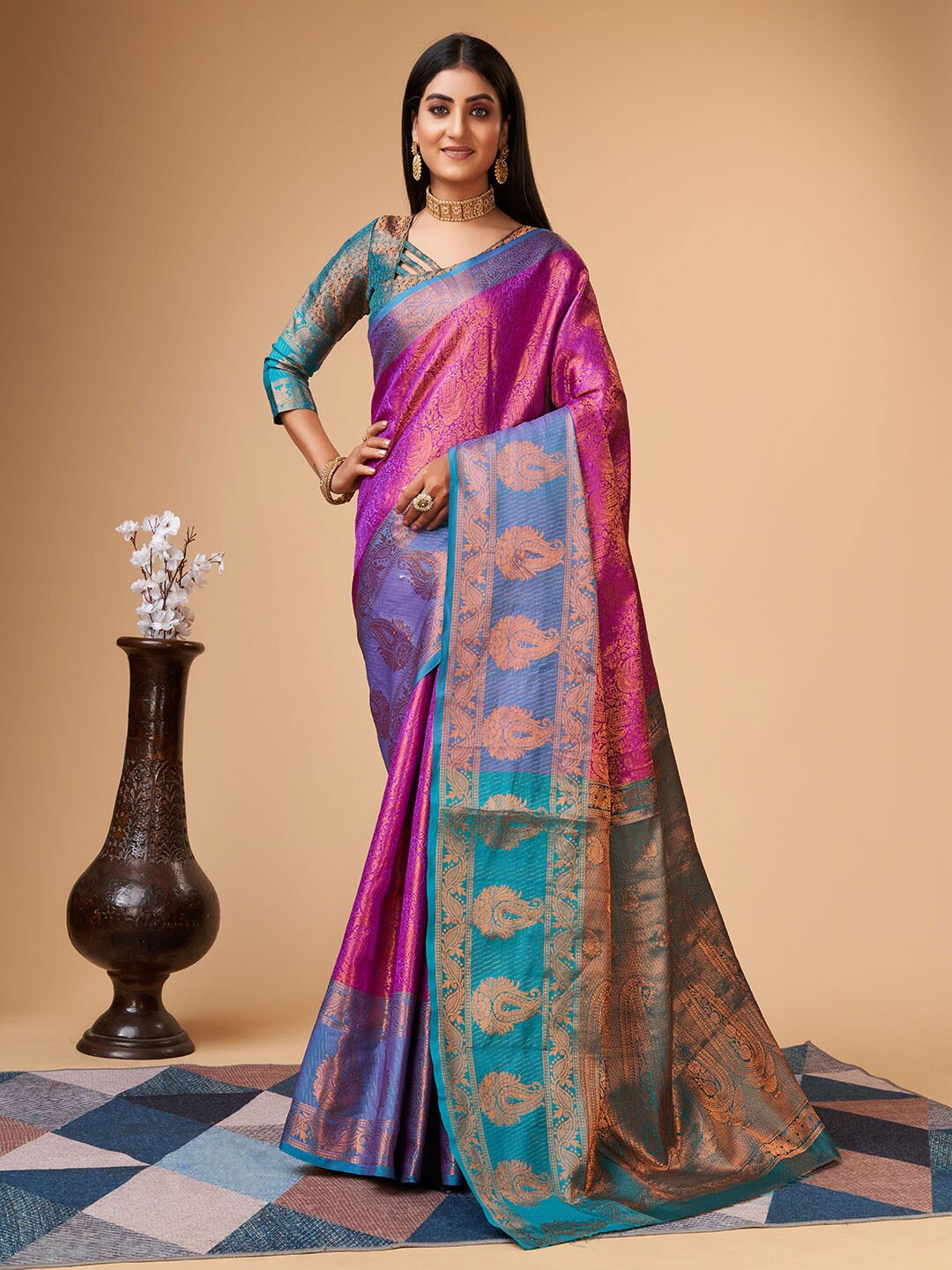 

MARGI DESIGNERS Paisley Zari Pure Silk Banarasi Saree, Purple