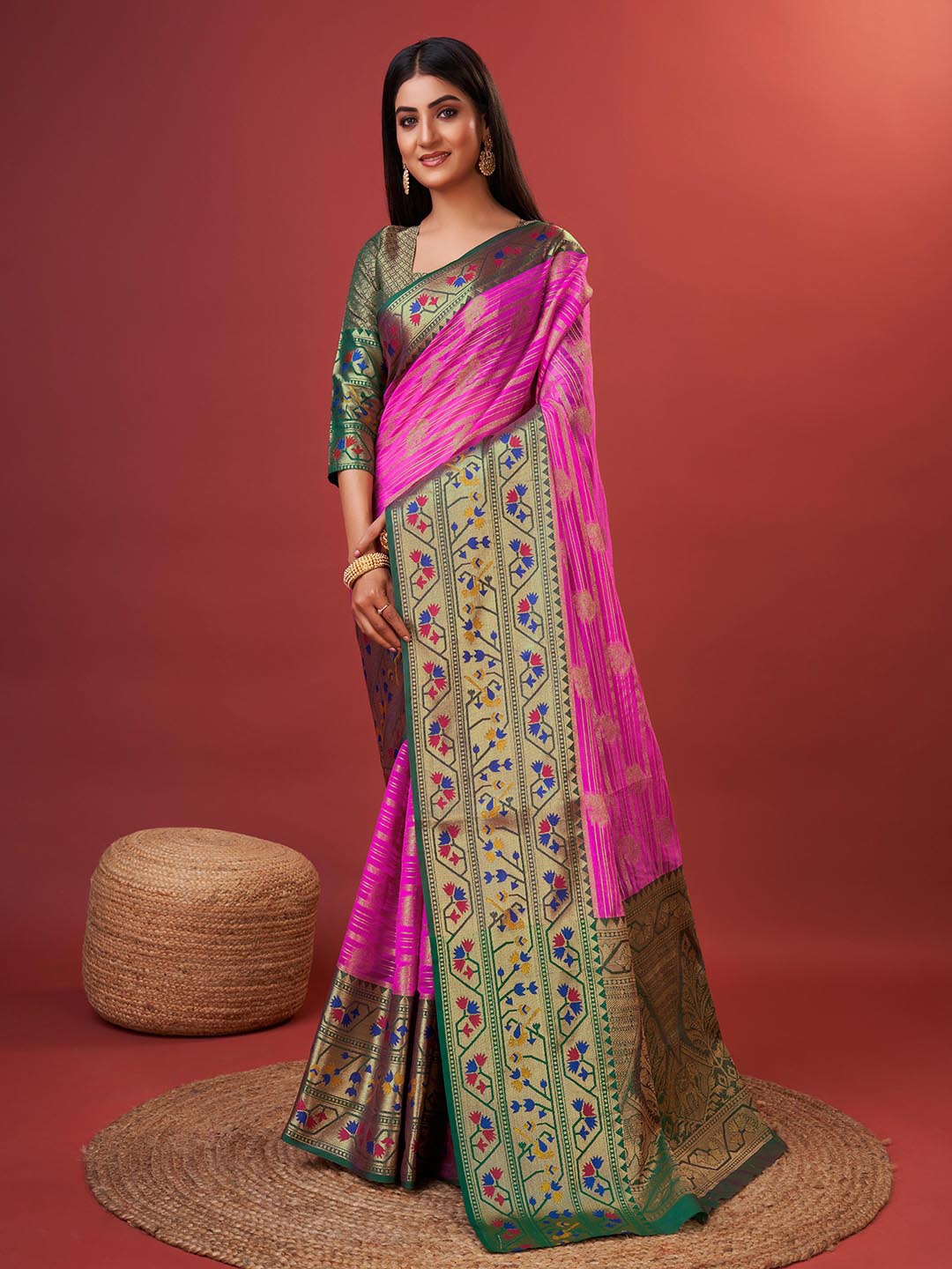 MARGI DESIGNERS Woven Design Zari Pure Silk Paithani Saree, Pink