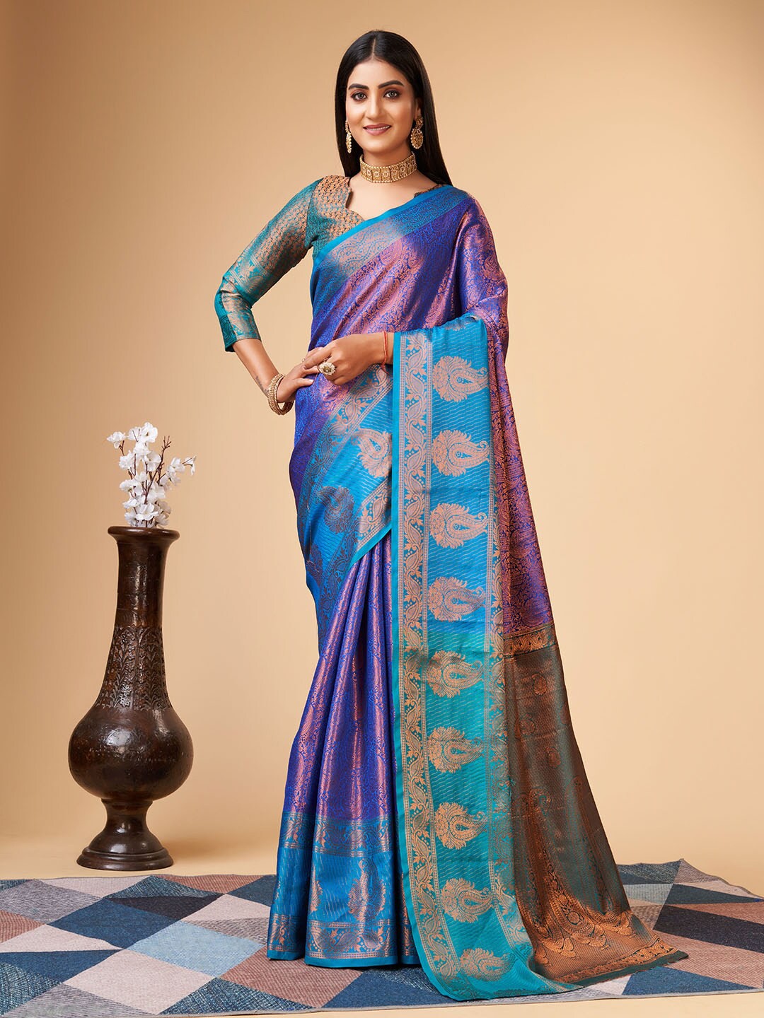 

MARGI DESIGNERS Woven Design Zari Pure Silk Banarasi Saree, Blue