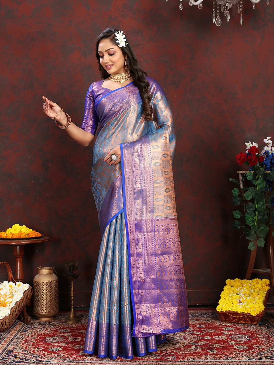 

MARGI DESIGNERS Ethnic Motifs Woven Design Zari Pure Silk Banarasi Saree, Sea green