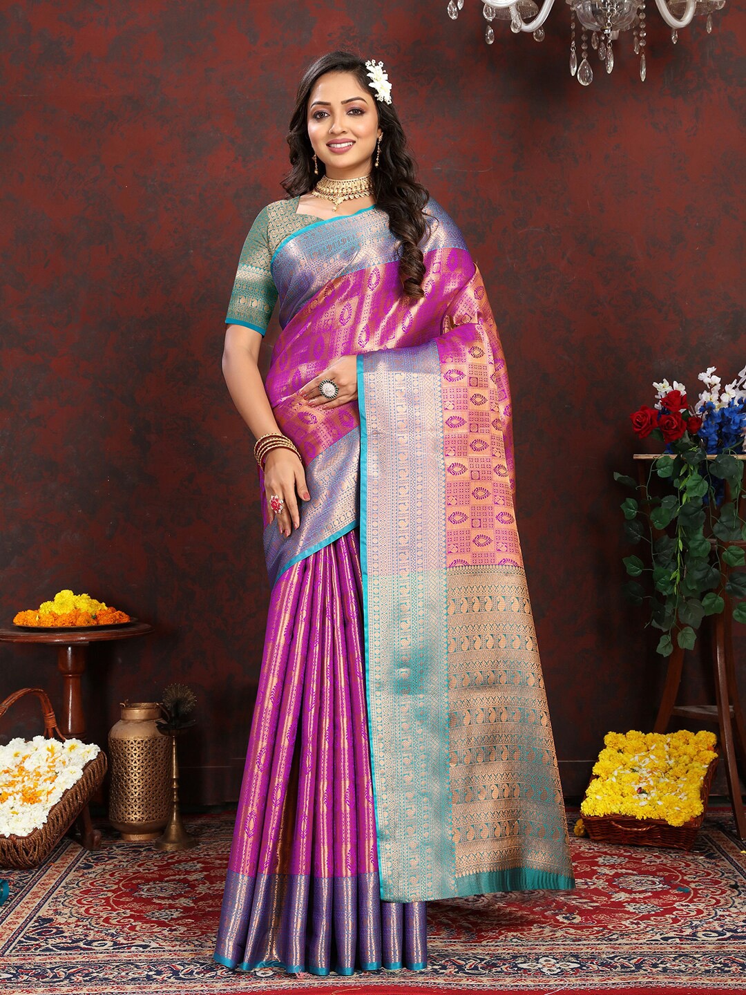 

MARGI DESIGNERS Ethnic Motif Woven Design Pure Silk Banarasi Zari Saree, Purple