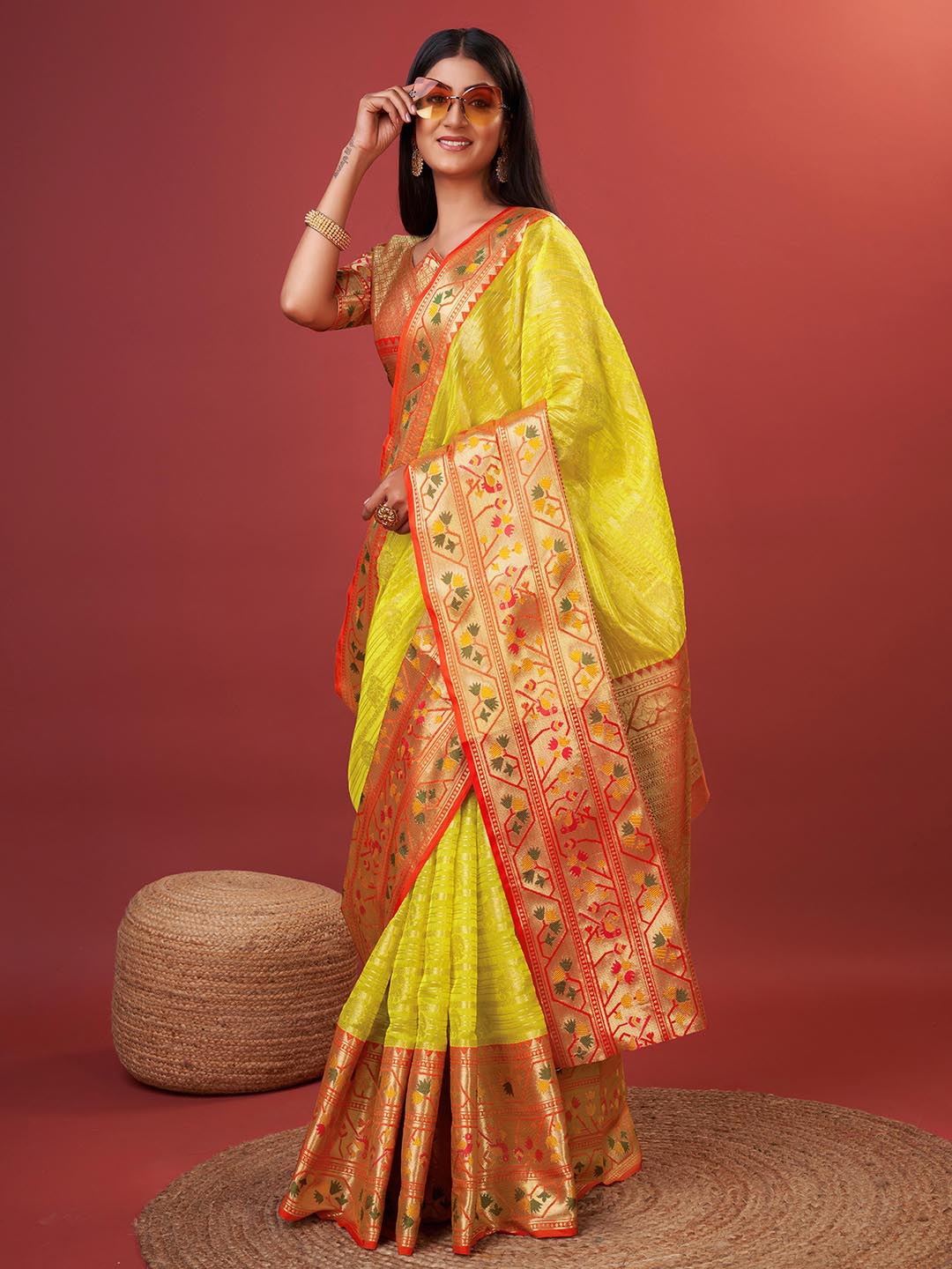 

MARGI DESIGNERS Ethnic Motifs Woven Design Zari Pure Silk Paithani Saree, Yellow