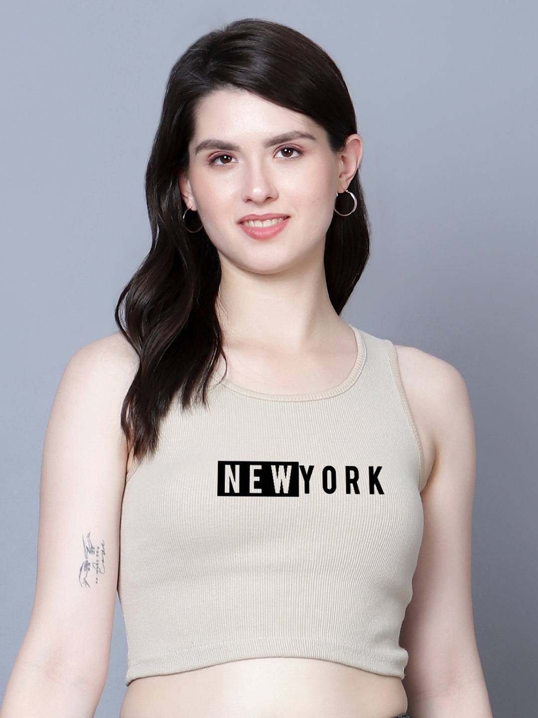 

Fashion And Youth Typography Printed Fitted Crop Top, Beige