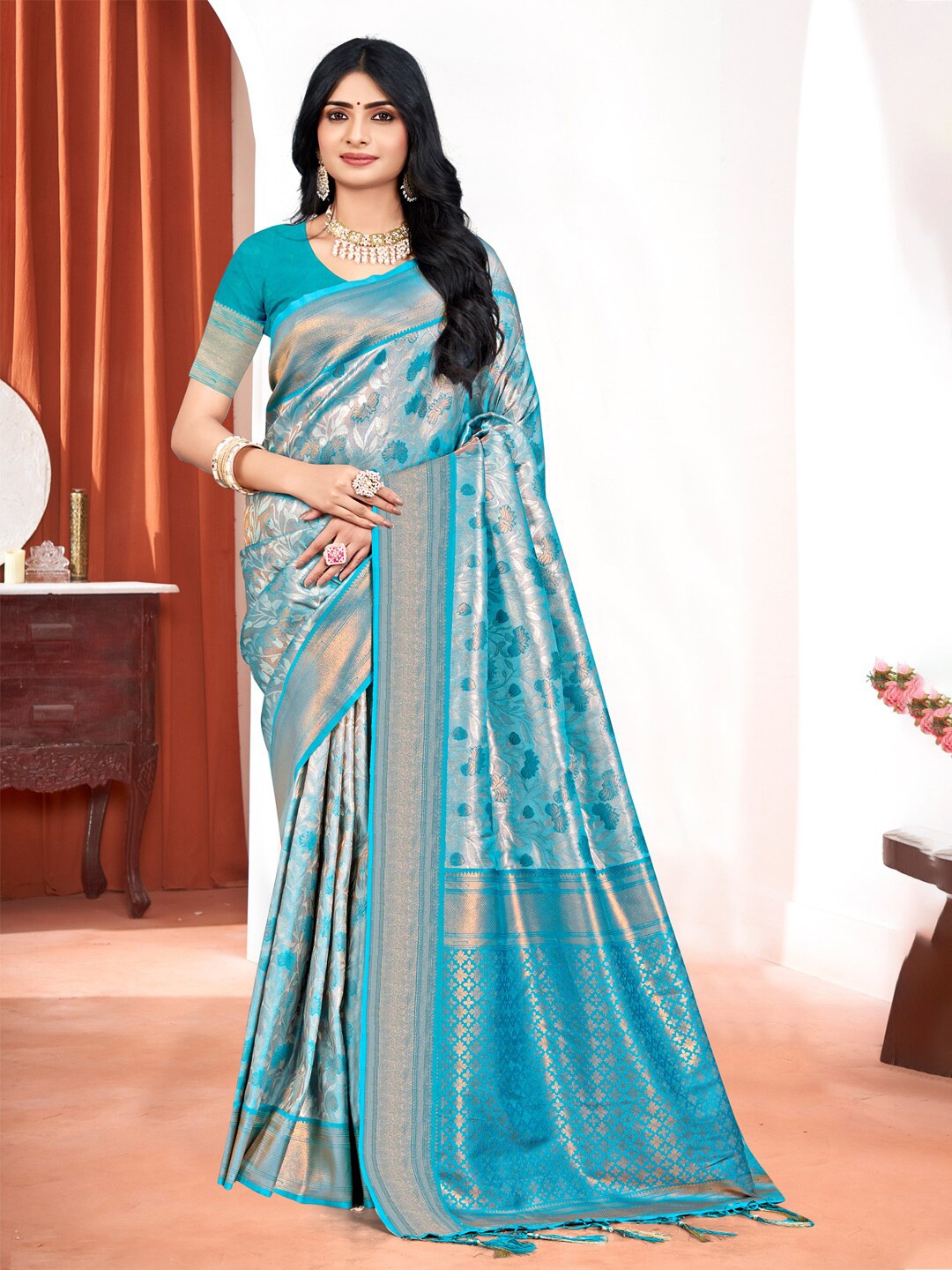 

SANGAM PRINTS Ethnic Woven Design Zari Saree, Blue