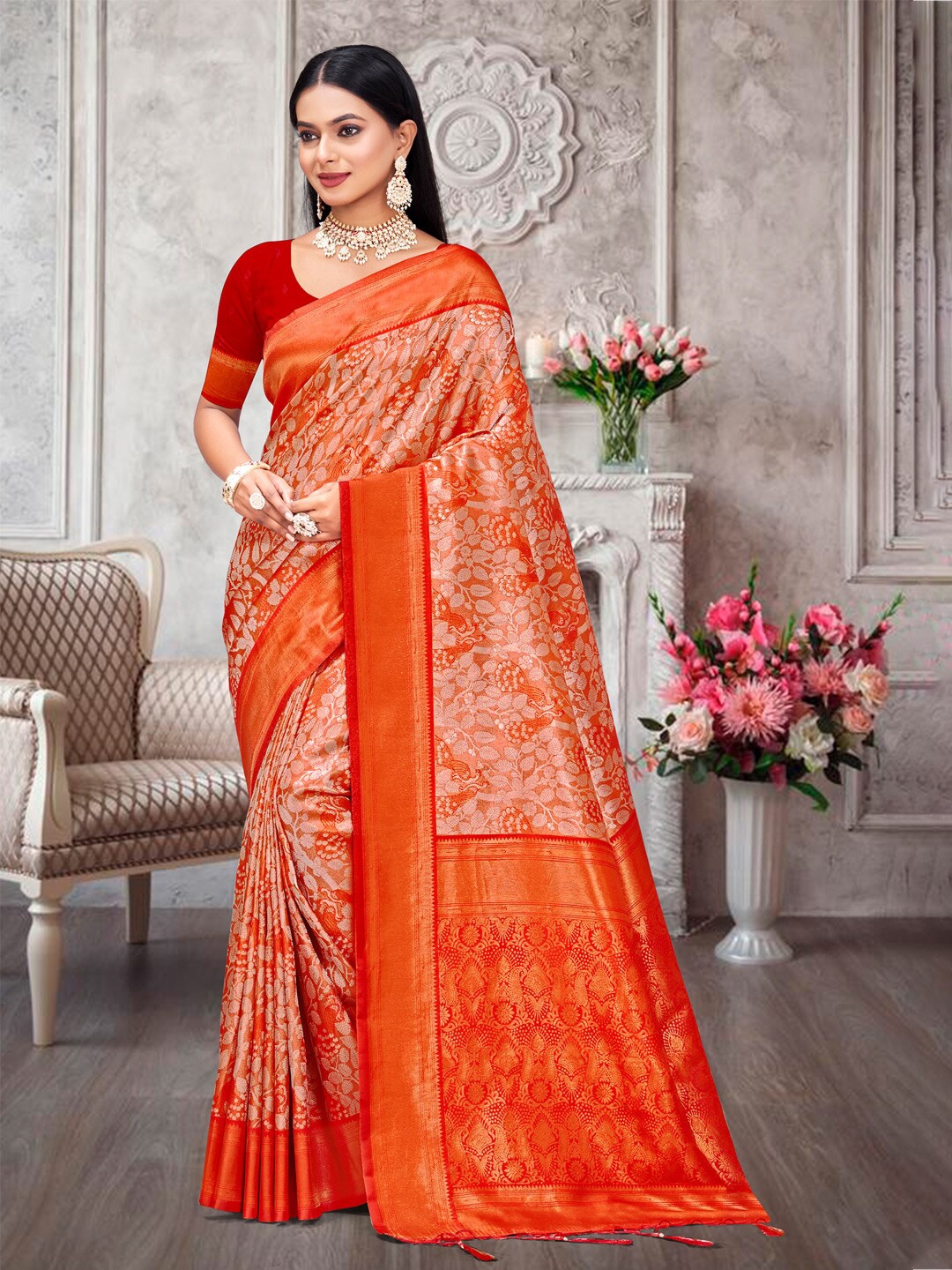 

SANGAM PRINTS Floral Woven Design Zari Saree, Orange