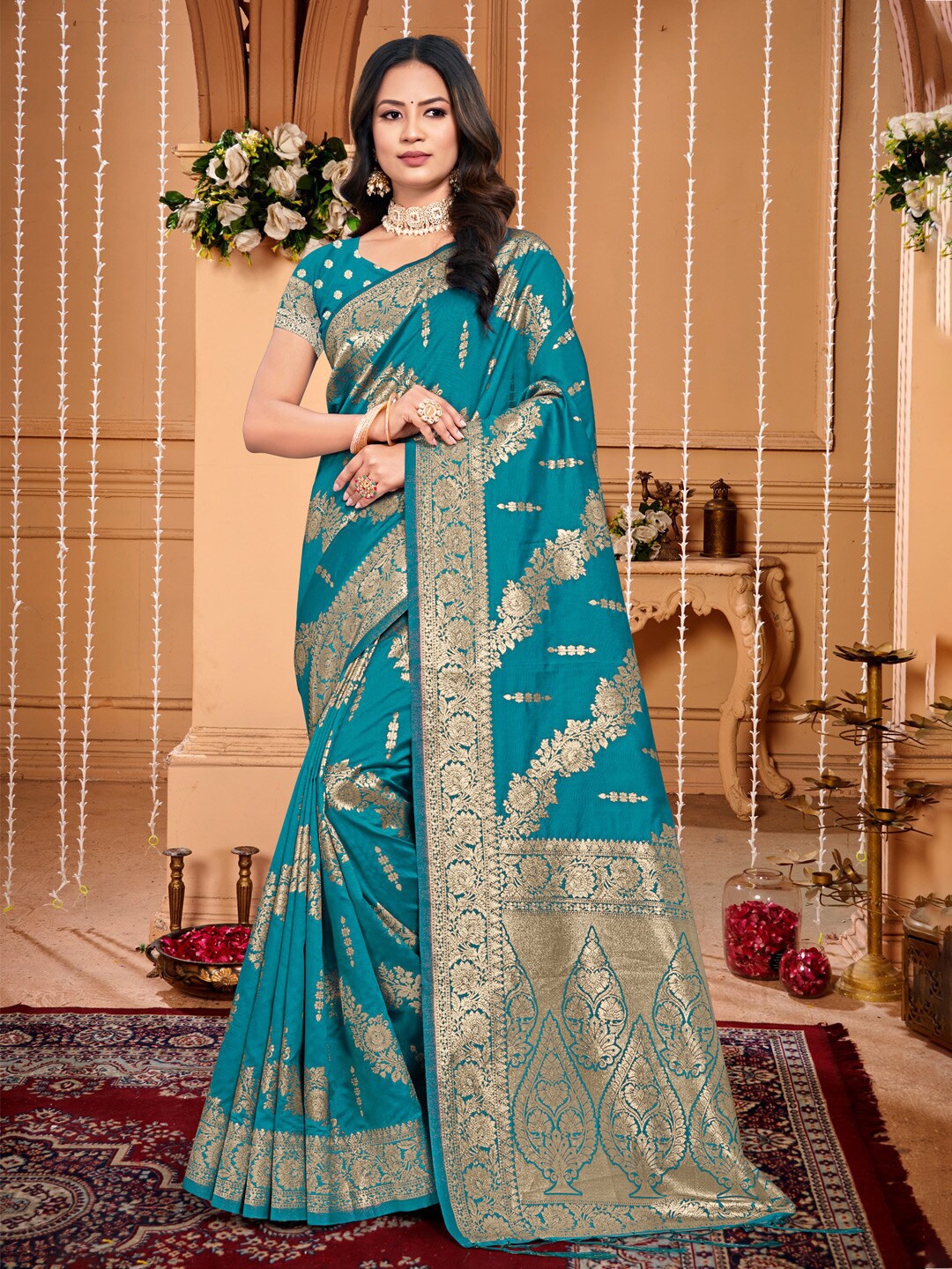 

SANGAM PRINTS Floral Woven Design Zari Saree, Sea green