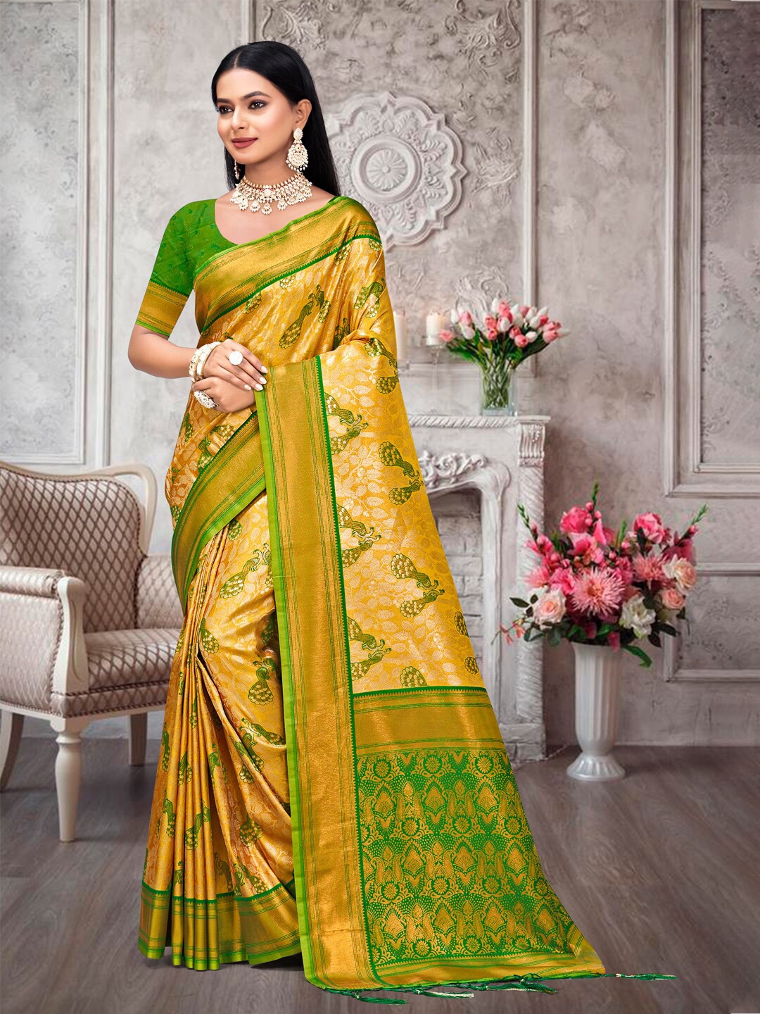 

SANGAM PRINTS Ethnic Motifs Woven Design Zari Saree, Yellow