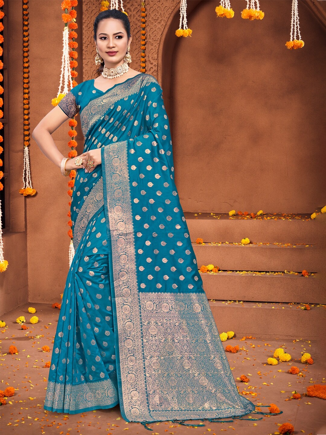 

SANGAM PRINTS Floral Woven Design Zari Saree, Sea green