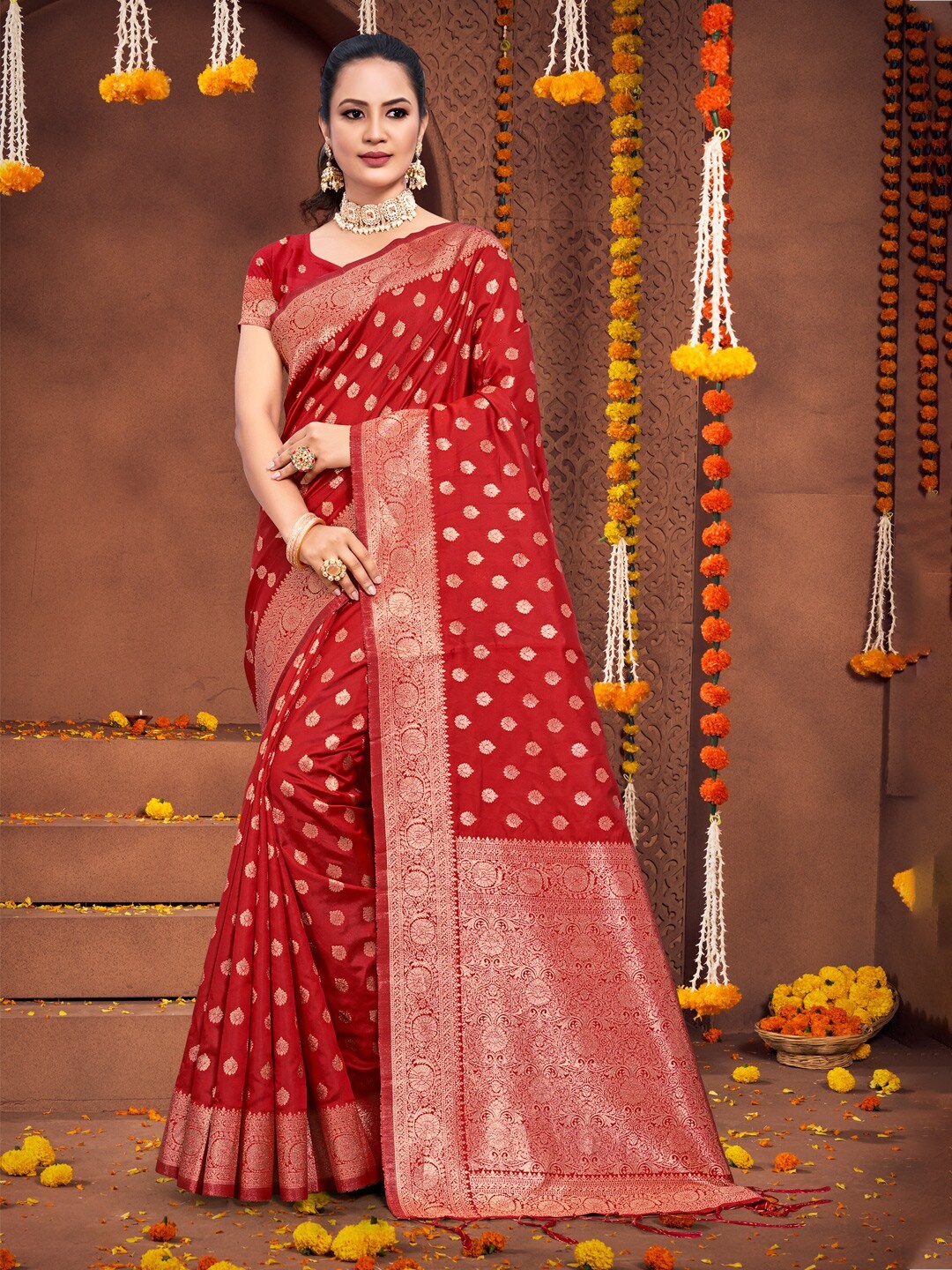 

SANGAM PRINTS Ethnic Motifs Woven Design Zari Saree, Red
