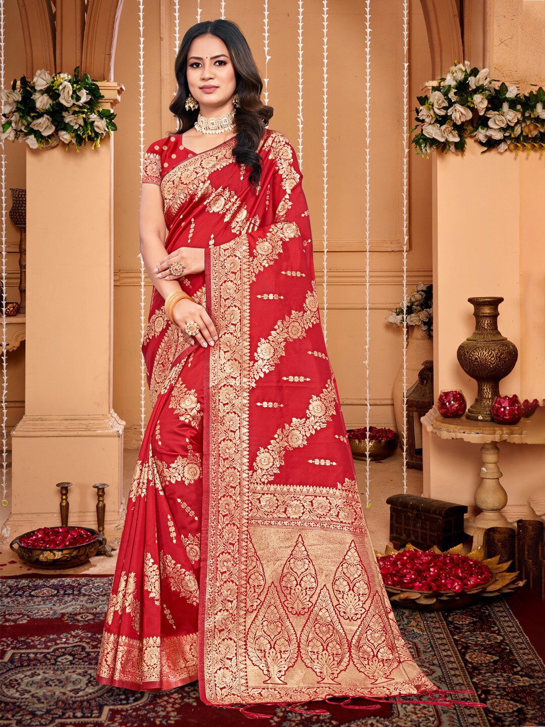 

SANGAM PRINTS Floral Woven Design Zari Saree, Red