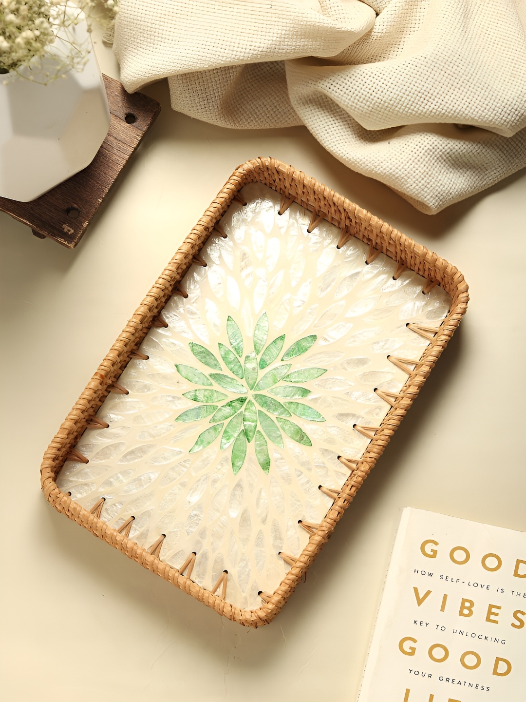 

HABERE INDIA Rattan Bamboo Tray with Mosaic Work - Medium, Beige