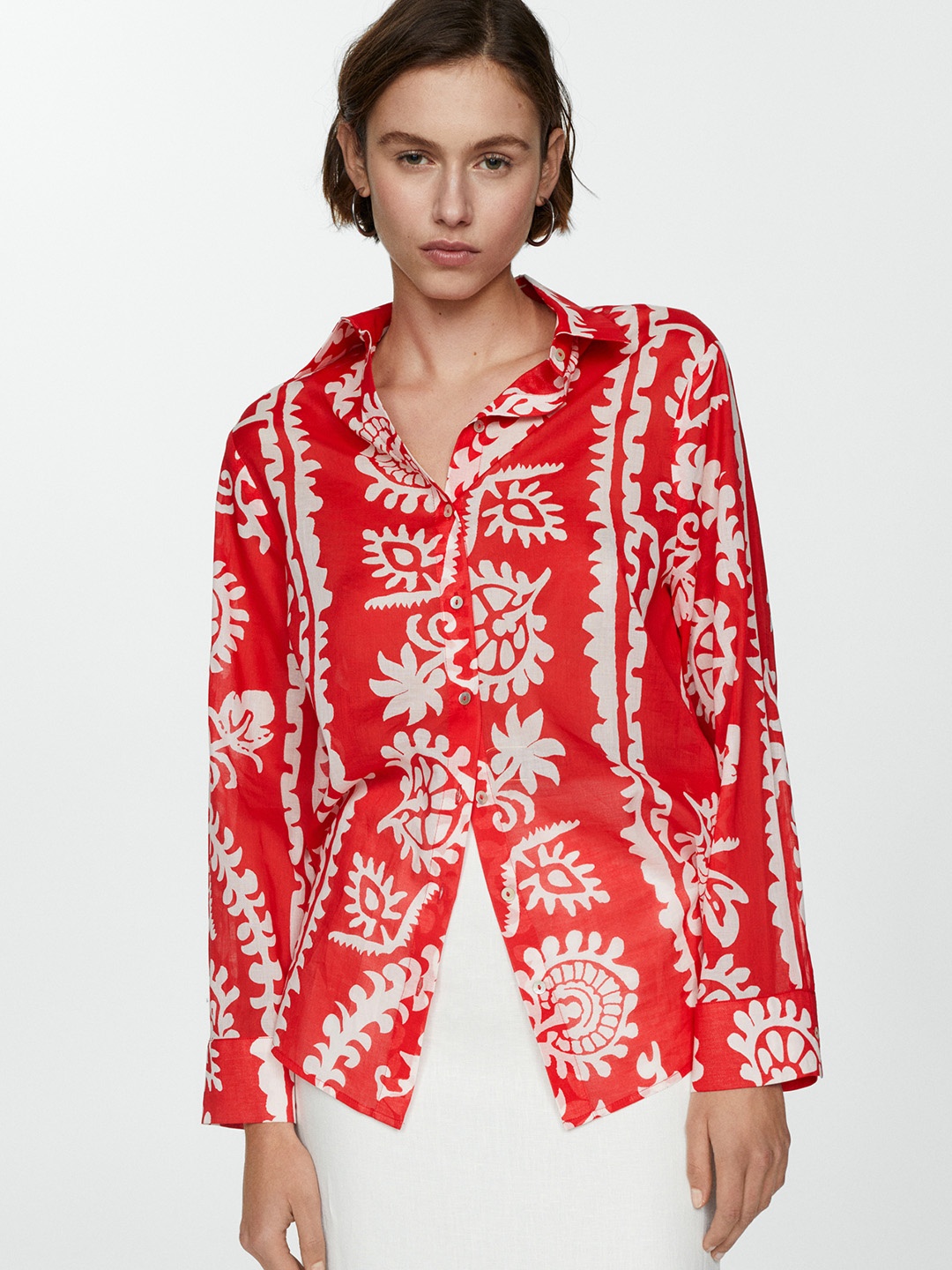 

MANGO Floral Printed Casual Cotton Shirt, Red