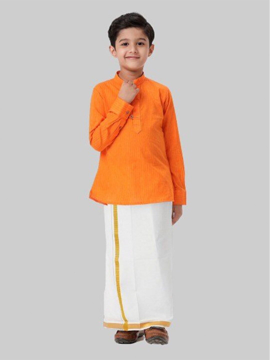 

Ramraj Boys Woven Design Mandarin Collar Pure Cotton Straight Kurta With Veshti, Orange