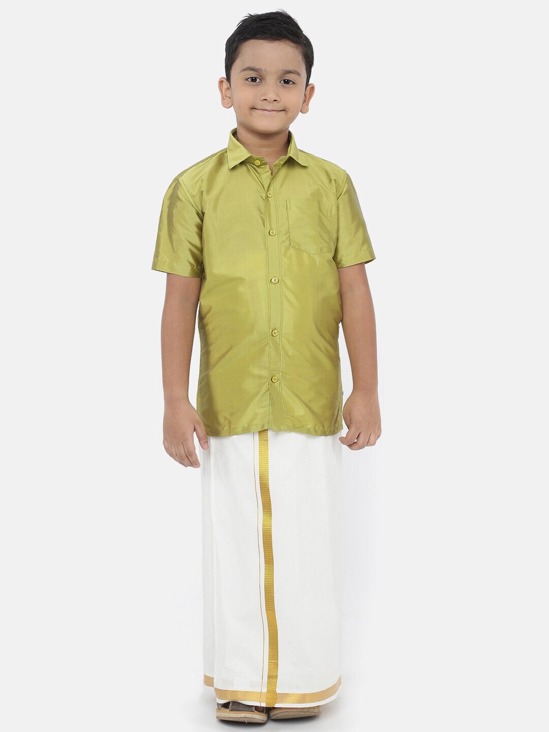 

Ramraj Boys Pure Cotton Shirt With Golden Zari Veshti, Lime green