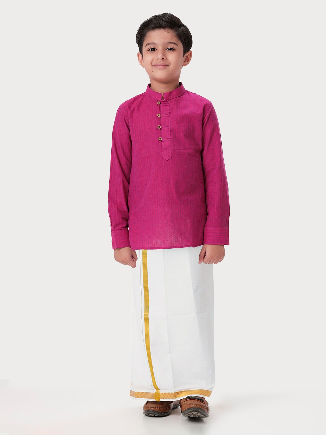 

Ramraj Boys Woven Design Mandarin Collar Pure Cotton Kurta With Dhoti, Pink