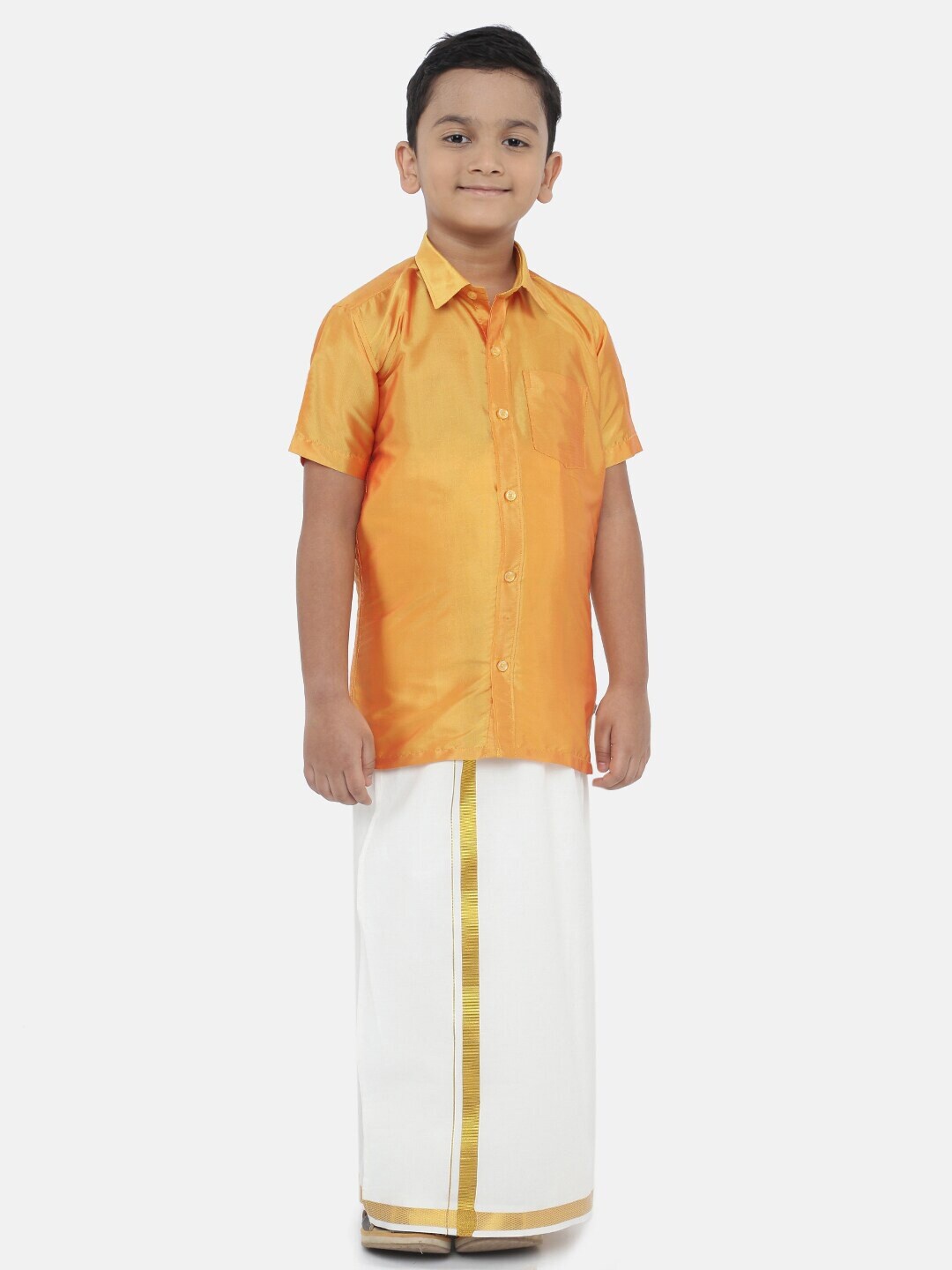 

Ramraj Boys Pure Cotton Shirt With Golden Zari Dhoti, Yellow