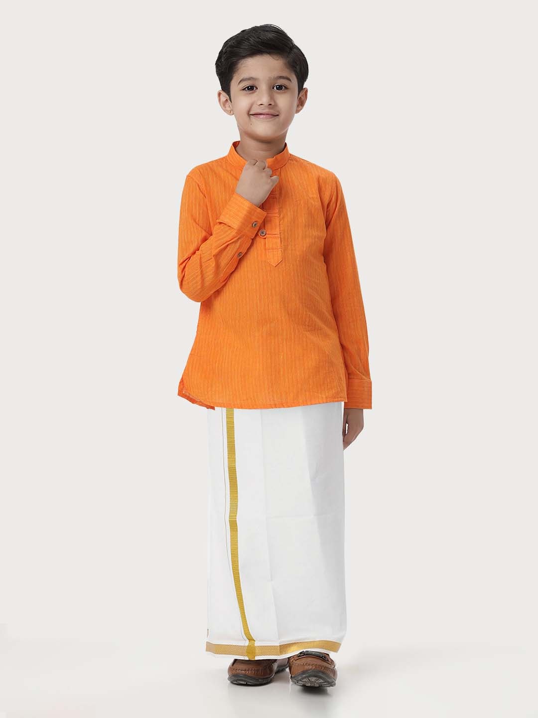 

Ramraj Boys Woven Design Mandarin Collar Pure Cotton Straight Kurta With Veshti, Orange