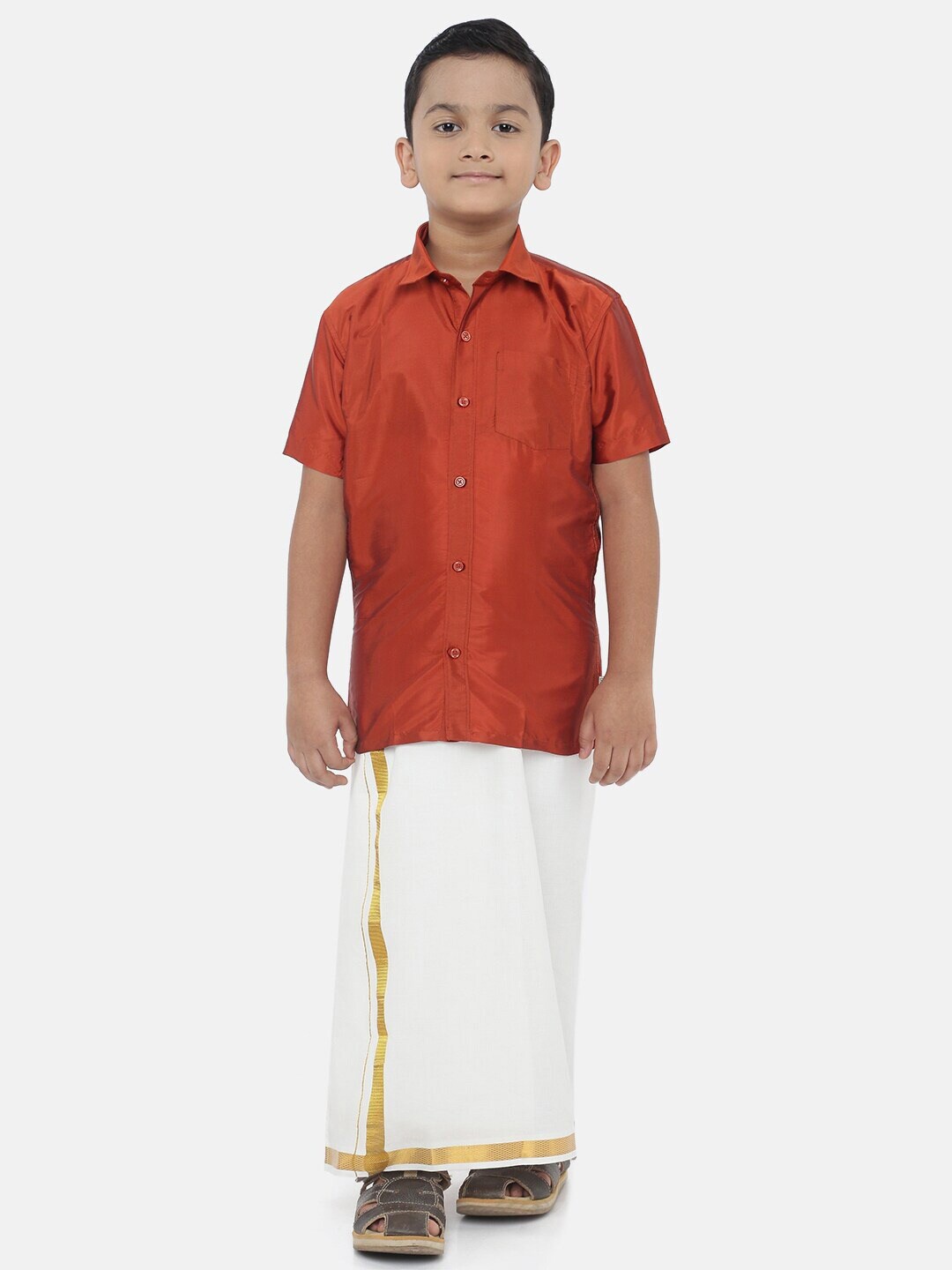 

Ramraj Boys Shirt With Golden Zari Dhoti, Orange