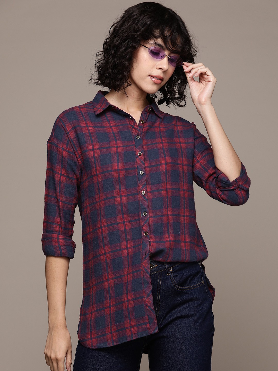 

Roadster Women Checked Pure Cotton Longline Casual Shirt, Black