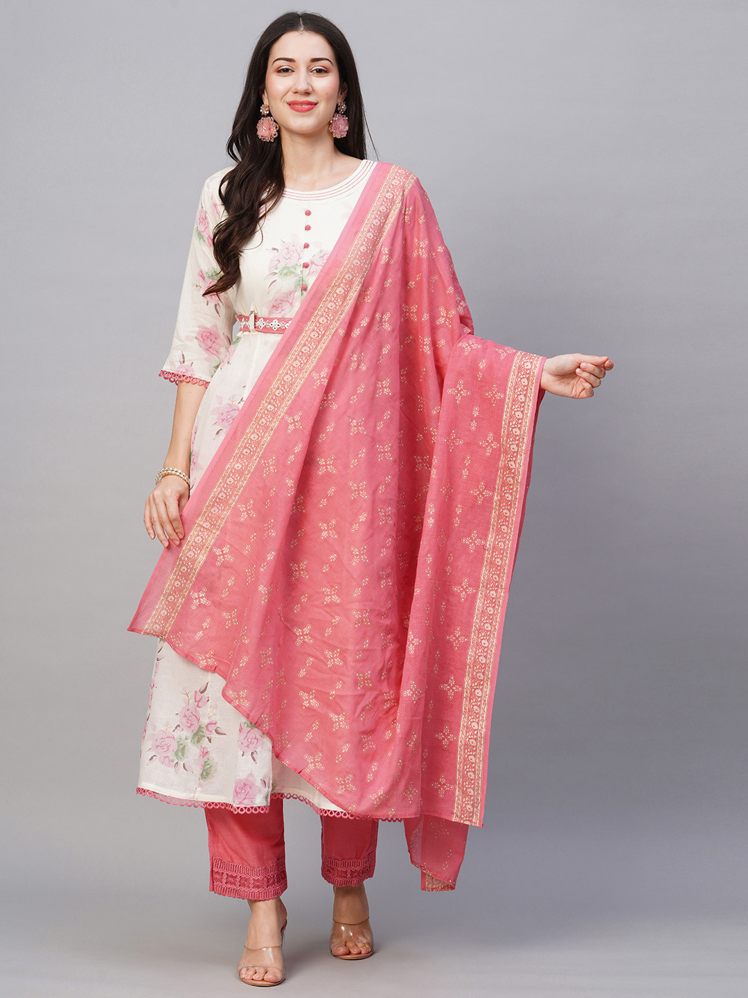 

Kiana House Of Fashion Floral Printed Mirror Work Anarkali Pure Cotton Kurta With Trousers & Dupatta, White