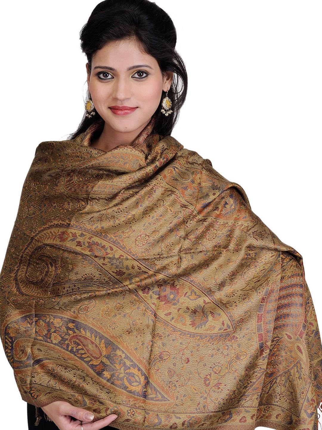 

Exotic India Antelope Paisleys-Flowers Woven Reversible Super Silk Jamawar Stole, Brown