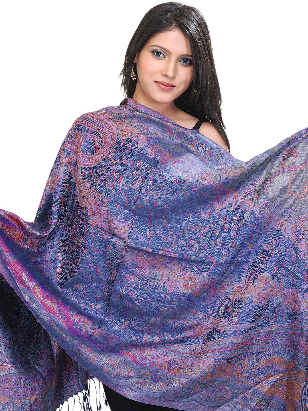 

Exotic India Woven Design Reversible Silk Jamawar Stole, Blue