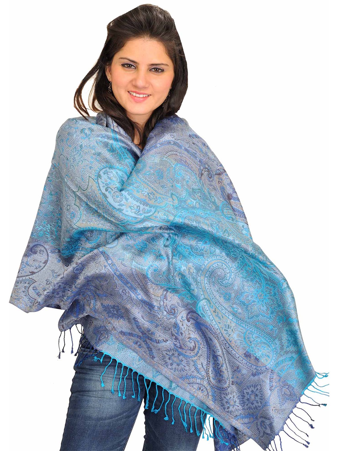 

Exotic India Paisley Woven Design Silk Stole, Blue