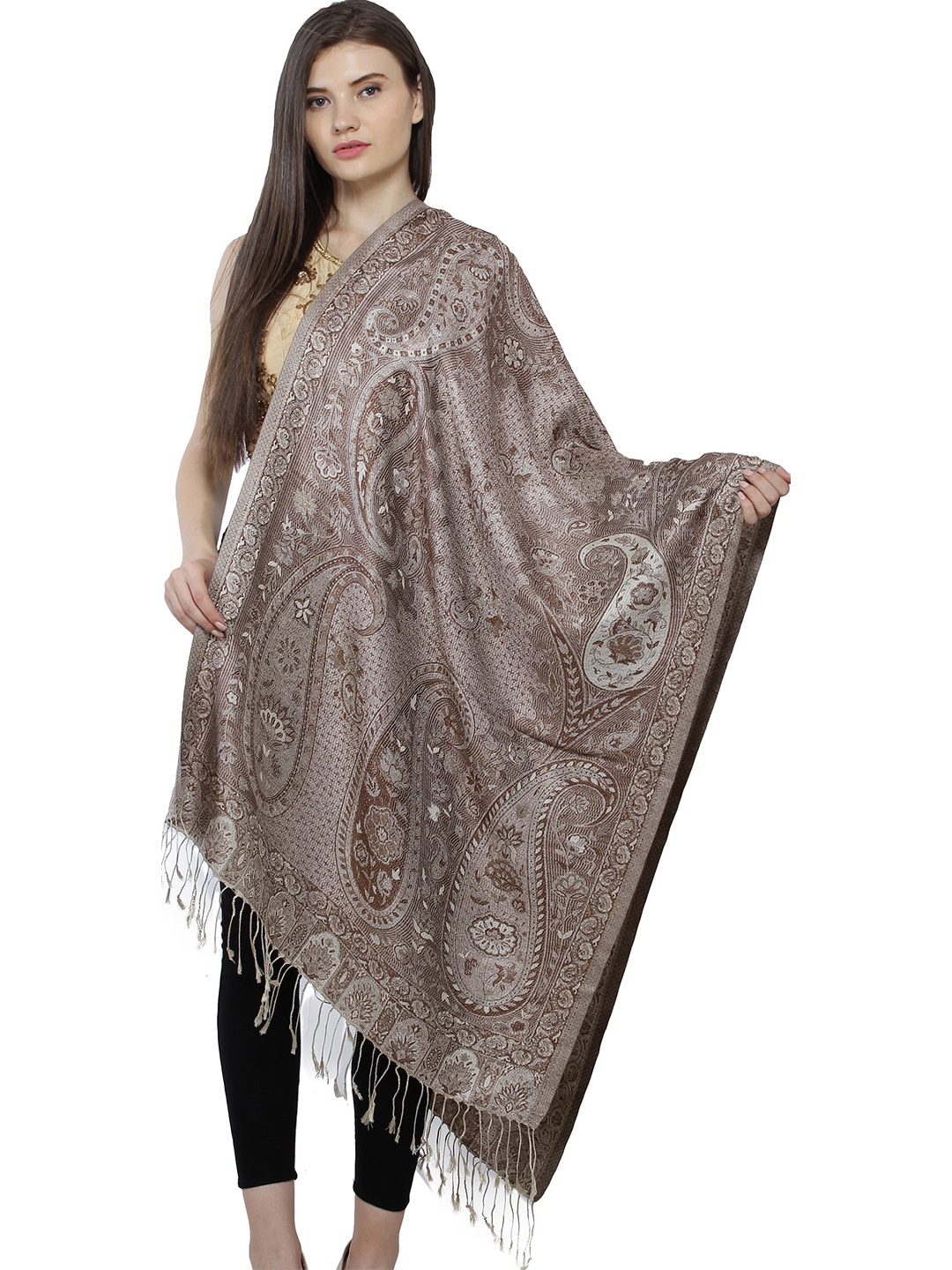 

Exotic India Acorn Brown Paisleys-Flowers Woven Reversible Super Silk Jamawar Stole