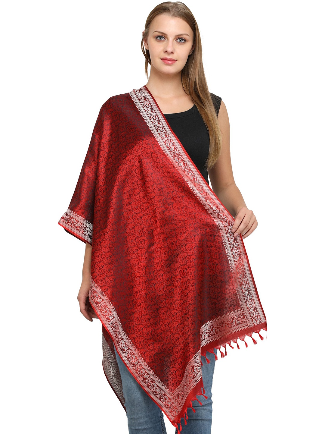 

Exotic India Ethnic Motifs Woven Design Silk Stole, Red