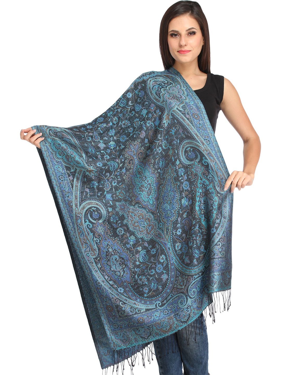 

Exotic India Reversible Super Silk Jamawar Stole, Blue
