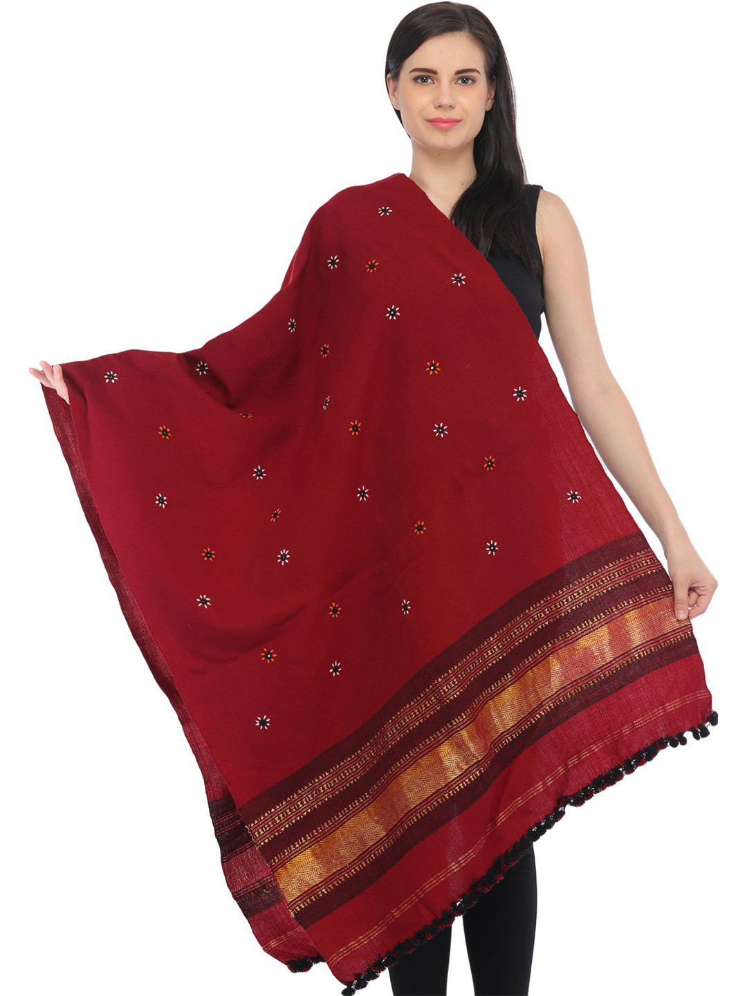 

Exotic India Maroon Pure Wool Embroidered Mirrors Stole with Golden Border