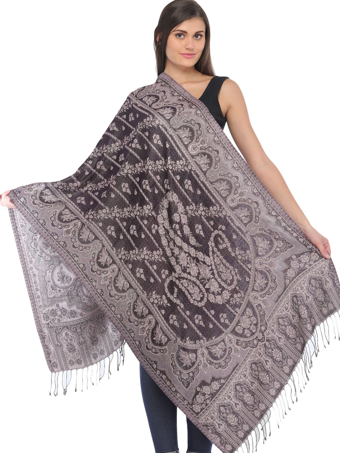 

Exotic India Cloud Gray Paisleys-Flowers Woven Reversible Super Silk Jamawar Stole, Grey