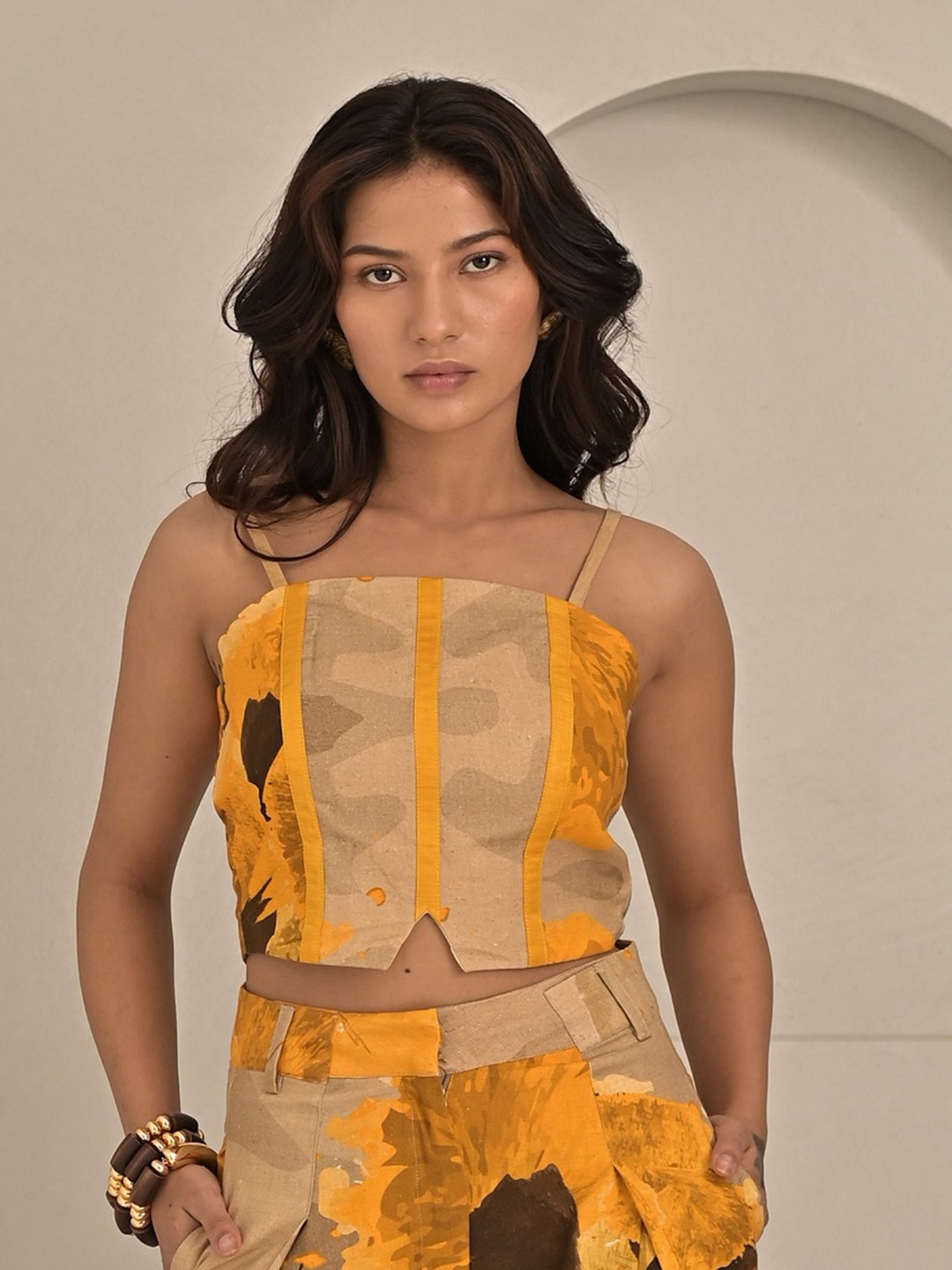 MISSY Abstract Printed Cotton Corset, Yellow