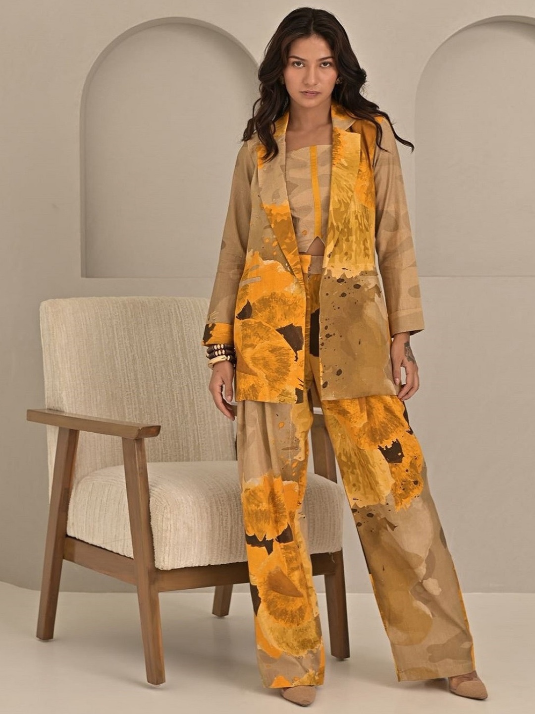 

MISSY Printed Notched Lapel Collar Longline Blazers, Yellow