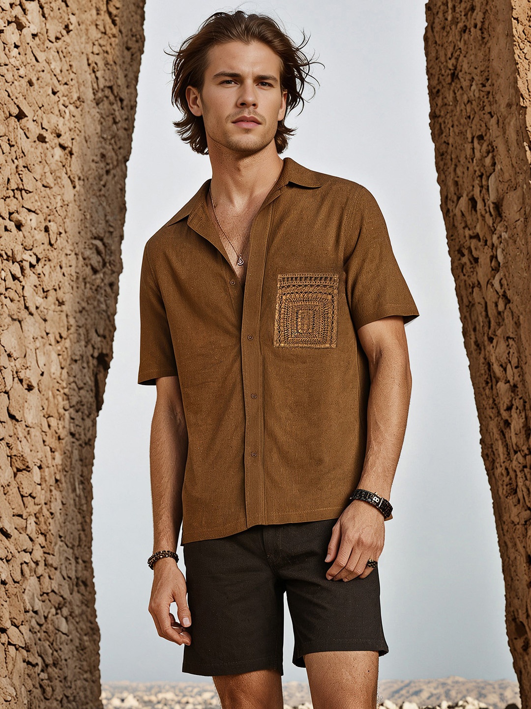 

H&M Short-Sleeved Cotton Shirt, Brown