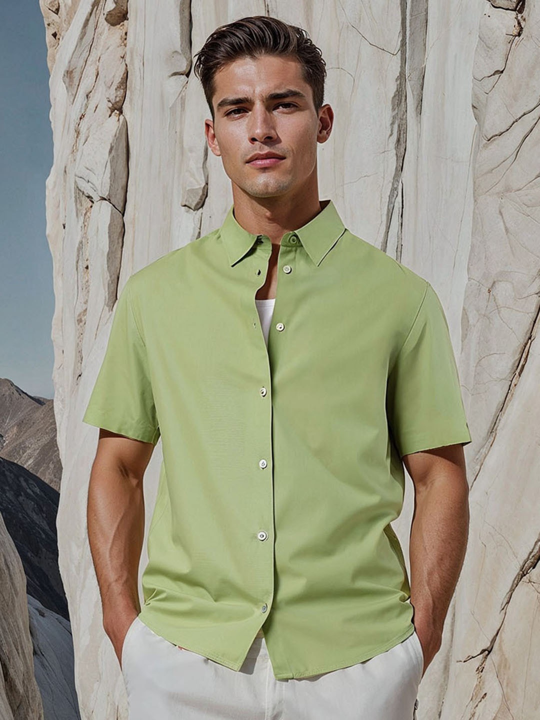 

H&M Half Sleeve Linen Blend Shirt, Green