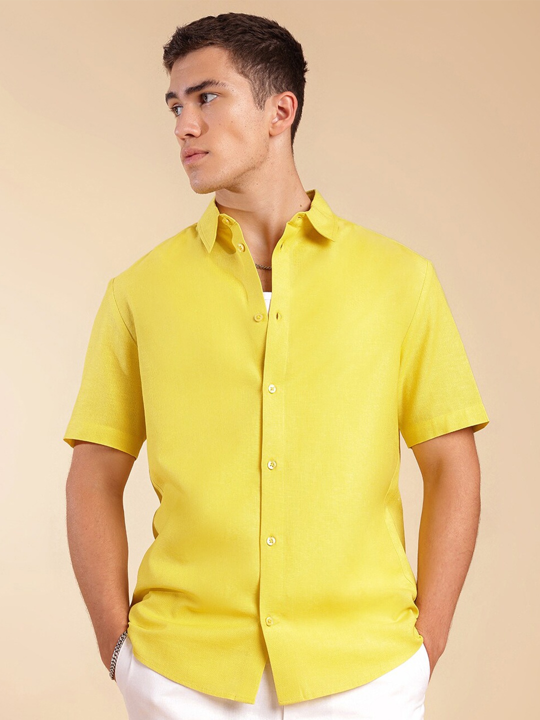 

H&M Half Sleeve Linen Blend Shirt, Yellow