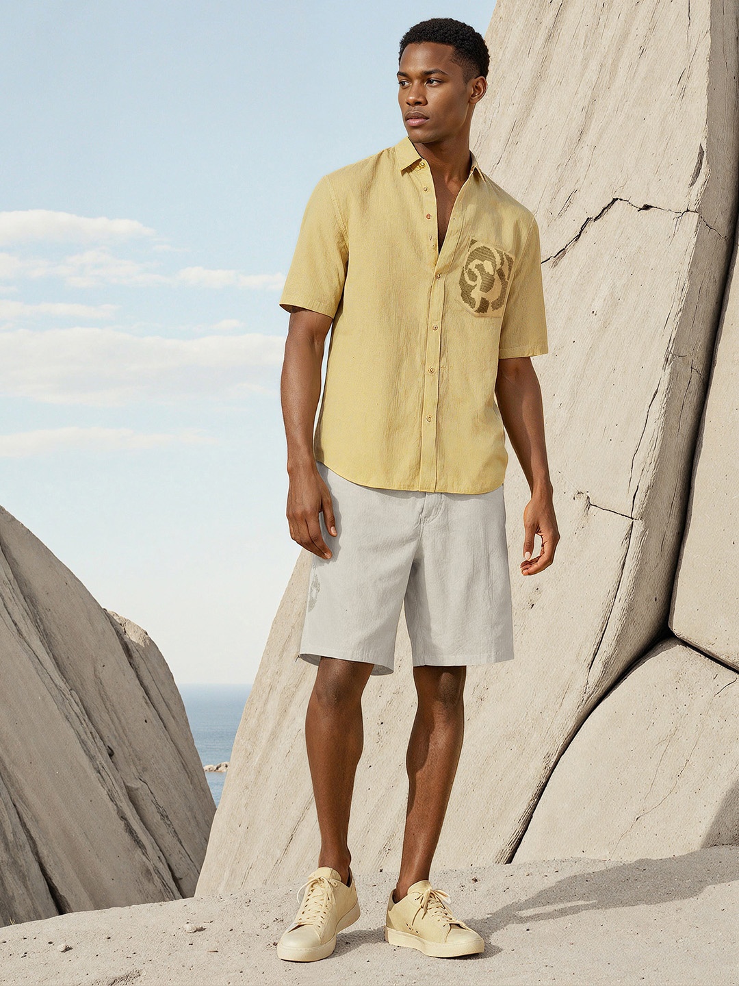

H&M Short-Sleeved Cotton Shirt, Yellow