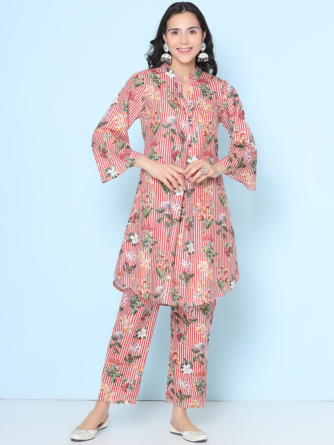 

Bhama Couture Floral Printed Mandarin Collar Tunic with Trousers, Red