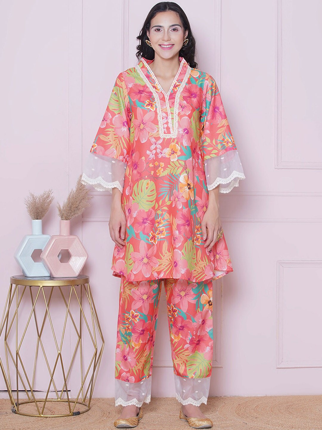

Bhama Couture Floral Printed Tunic With Trousers, Peach